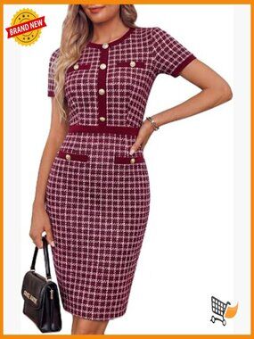 Short Sleeve Bodycon Tweed Work Dress with Pockets